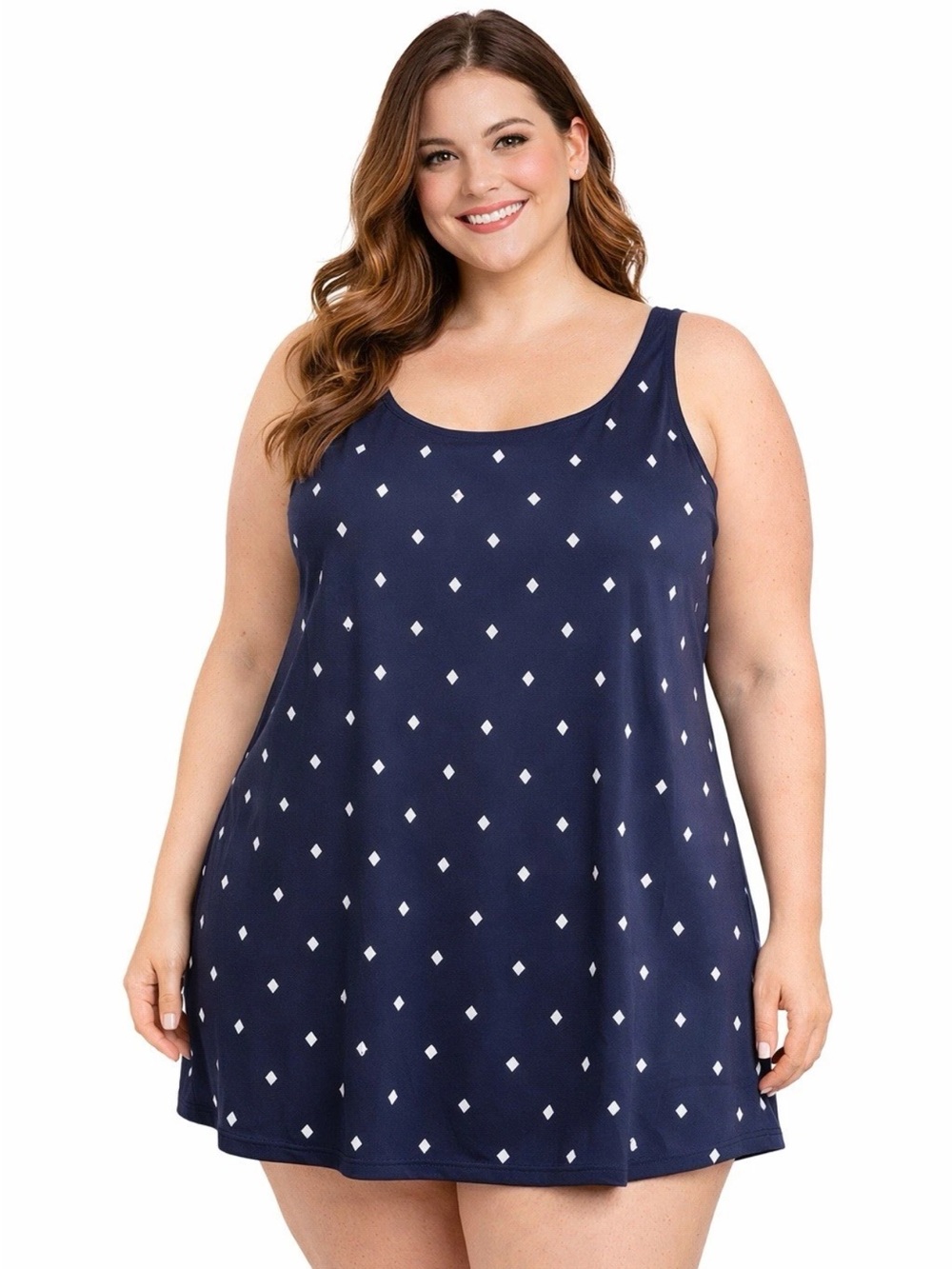 Swimsuits For All Womens Swim Dress Size 26 Blue with Silver Diamond Dot Pattern